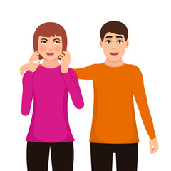 Happy guy hugged a girl, a young girl blushed with embarrassment vector Illustration on a white background