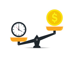 Scale balance of time is money. Value money comparison and time in flat style. Money and time balance on measure scale. Compare weight of clock and money for success business concept. vector