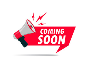 Red ribbon with megaphone and text. Announce promote poster with megaphone for retail, shop, business, advertising. Flat promo label with coming soon for sale.New arrival icon. vector