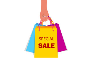 Hand holding paper bag for shopping. Female hand with gift bag from shop, store in flat style. Buyer girl hold package of sale, discount for holidays.Shopping bags. vector