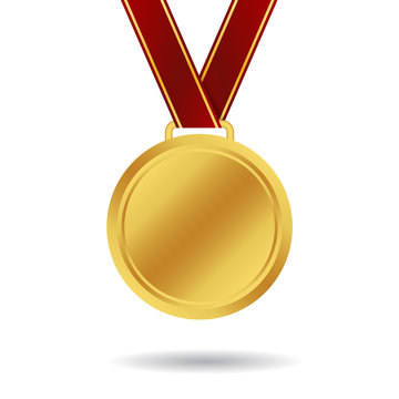 Realistic gold medal mockup. Awarding of the winner with a gold medal with a ribbon on isolated background. Template of gold medal of champion. vector eps10
