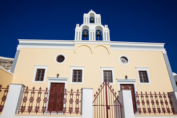 Fototapeta na wymiar Assumption of the Blessed Virgin Mary Catholic Church at Firostefani in Santorini Island