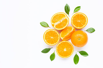 Fresh orange citrus fruit with leaves isolated on white background.