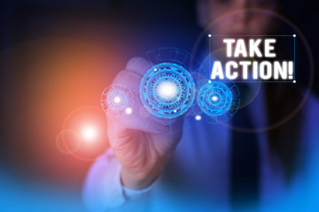 Text sign showing Take Action. Business photo showcasing do something official or concerted to achieve aim with problem Woman wear formal work suit presenting presentation using smart device