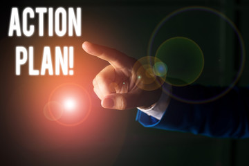 Word writing text Action Plan. Business photo showcasing proposed strategy or course of actions for certain time Isolated hand pointing with finger. Business concept pointing finger