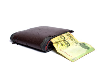 Old man's purse with 20 baht Thai bank notes, separated from a white background