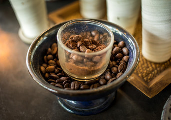Coffee beans that are placed in a coffee shop.