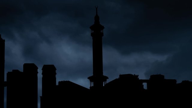Minaret in Great Mosque of Mecca, Masjid Al Haram, Time Lapse with Lightning and Thunderstorm, Makkah, Saudi Arabia
