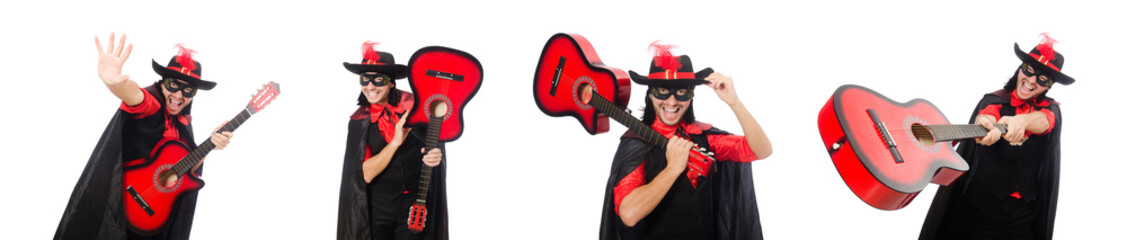 Young man in carnival coat with guitar isolated on white