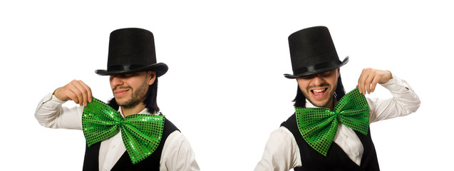 Man with big green bow tie in funny concept
