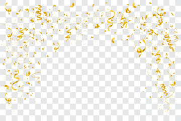 Falling shiny golden confetti isolated on transparent background. Bright festive tinsel of gold color. vector illustration EPS10