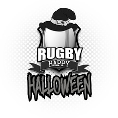 Rugby ball with witch hat and happy Hallowen