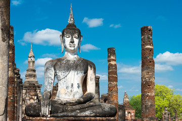 Sukhothai, Thailand - Apr 08 2018: Wat Mahathat in Sukhothai Historical Park, Sukhothai, Thailand. It is part of the World Heritage Site - Historic Town of Sukhothai and Associated Historic Towns.