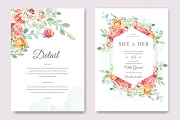 beautiful wedding invitation card with floral and leaves template