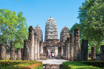 Sukhothai, Thailand - Apr 08 2018: Wat Si Sawai in Sukhothai Historical Park, Sukhothai, Thailand. It is part of the World Heritage Site - Historic Town of Sukhothai and Associated Historic Towns.