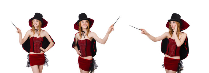 Magician woman with wand on white
