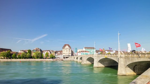 basel city sunny day central traffic river bridge panorama 4k timelapse switzerland