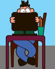 man in blue pants computer