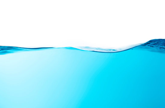 Blue water splashs wave surface with bubbles of air on white background.