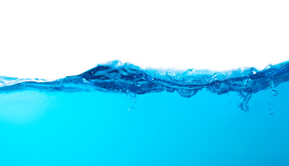 Blue water splashs wave surface with bubbles of air on white background.