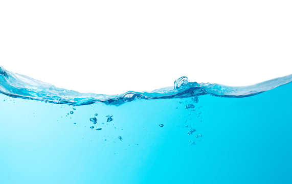 Blue water splashs wave surface with bubbles of air on white background.