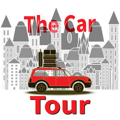 Naklejka premium Red car with luggage and text - The Car Tour