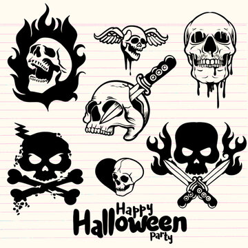 Set of different skull charactres ,Spooky skulls and bones,Halloween hand-drawn decoration