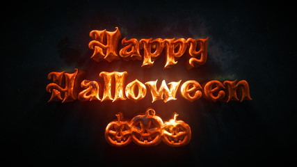 Happy Halloween Text Greeting 3d Gold Orange With Halloween Pumpkin Dark Background