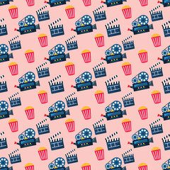 video camera , popcorn and clapper for movie concept seamless pattern vector illustration background