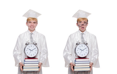 Student missing his deadlines with clock on white
