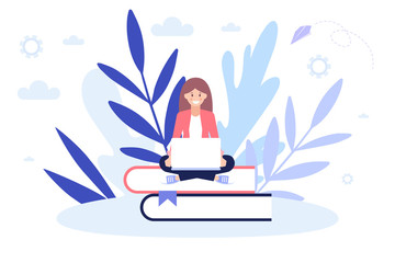 Girl sitting on books, learning online, concept of e-learning. Girl studying online, produce new ideas, concept of education and ideas.Flat vector illustration 