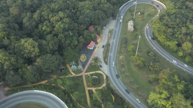 Aerial view from drone of Khong Ping Ngu is beautiful road grand curve with a steep and slithering track at Phu Phan in Sakon Nakhon, Thailand.