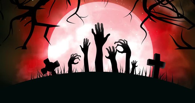 Halloween cemetery with zombi hands coming out of the ground 4k