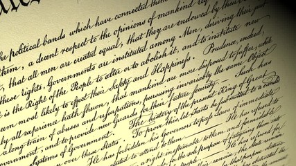 Declaration of independence of USA. Handwritten text by Thomas Jefferson and adopted by 2nd Continental Congress in Philadelphia on July 4th, 1776. Cinematic close-up panorama from top to bottom. - Powered by Adobe