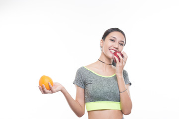 Clipping path healthy girl with orange and white background,  Healthy concept, Studio portrait