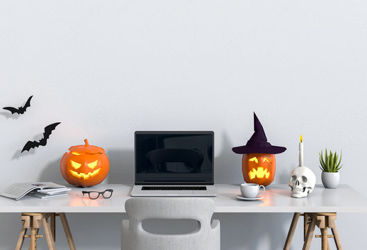 Halloween party interior living room with laptop computer and pumpkins. 3D render