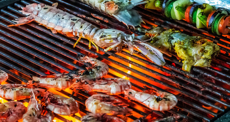 prawn or tiger shrimp cooking flaming grill Food Background