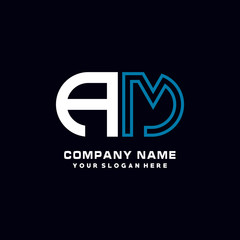 AM initial logo oval shaped letter. Monogram Logo Design Vector, color logo white blue, white yellow,black background.