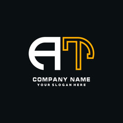 AT initial logo oval shaped letter. Monogram Logo Design Vector, color logo white blue, white yellow,black background.