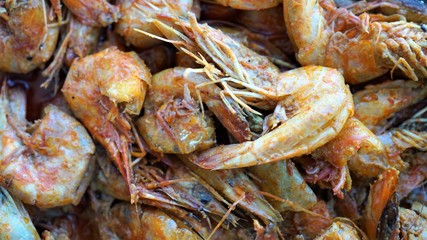 close up view on fried shrimp in the market