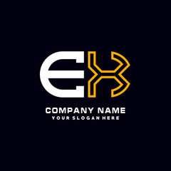 EX initial logo oval shaped letter. Monogram Logo Design Vector, color logo white blue, white yellow,black background.