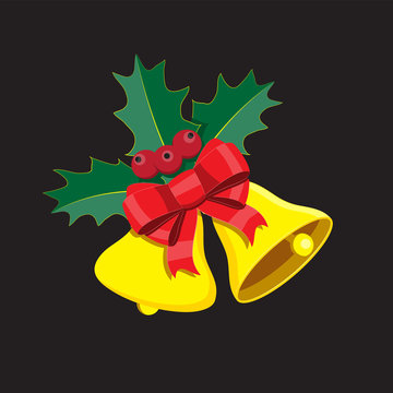 christmas bell with bowntie on black isolated background. Vector image. Design element