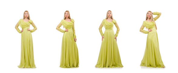 Young woman in elegant long green dress isolated on white