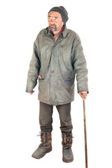 Homeless man, beggar. On white background