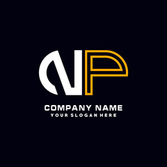 NP initial logo oval shaped letter. Monogram Logo Design Vector, color logo white blue, white yellow,black background.
