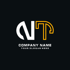 NT initial logo oval shaped letter. Monogram Logo Design Vector, color logo white blue, white yellow,black background.