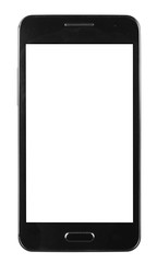 black smart phone with white screen isolated white background