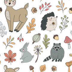Autumn hand drawn colorful seamless pattern with forest animals racoon, deer, hedgehog and rabbit. Mushroom, leaf, nut, clove, walnut, flowers, poppy, acorn. Detailed botanical illustrations.