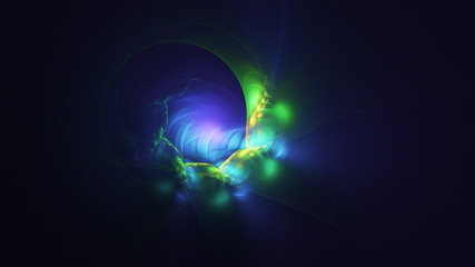 Abstract green and blue fiery shapes. Fantasy light background. Digital fractal art. 3d rendering.