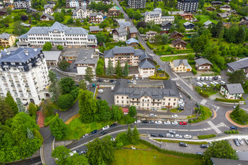 Peaceful aerial view of town and street in Chamonix valley